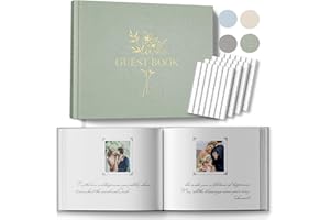 BVSSX Wedding Guest Book for Memorial Service with 216 Photo Corners Stickers, Linen Guestbook to Sign at Bridal Shower or Wedding Reception Party,100 Pages, Blank Thick Paper Books for Baby Shower- Sage