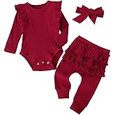 Fullfamous Baby Girl's 3pc Rib Frill Long Sleeve Romper and Pant Set