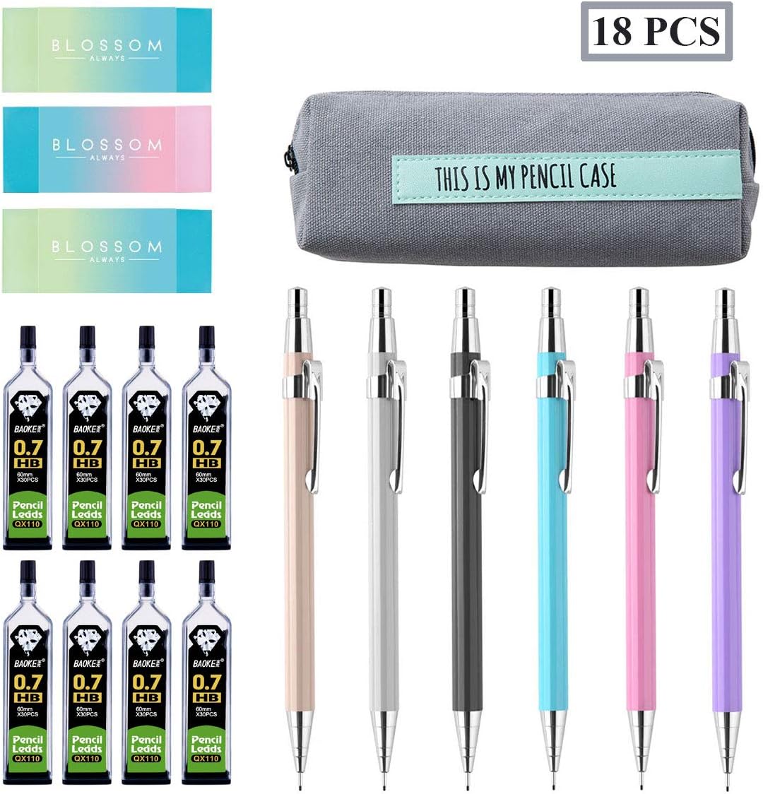18 PCS Mechanical Pencil Set 0.7 mm, 6 Pieces Mechanical Pencils, 8 Tubes HB Lead Refills with 3 Pack Cute Colored Erasers and 1 Pack Pencil Bag For School Kids and Office, Grey-02G
