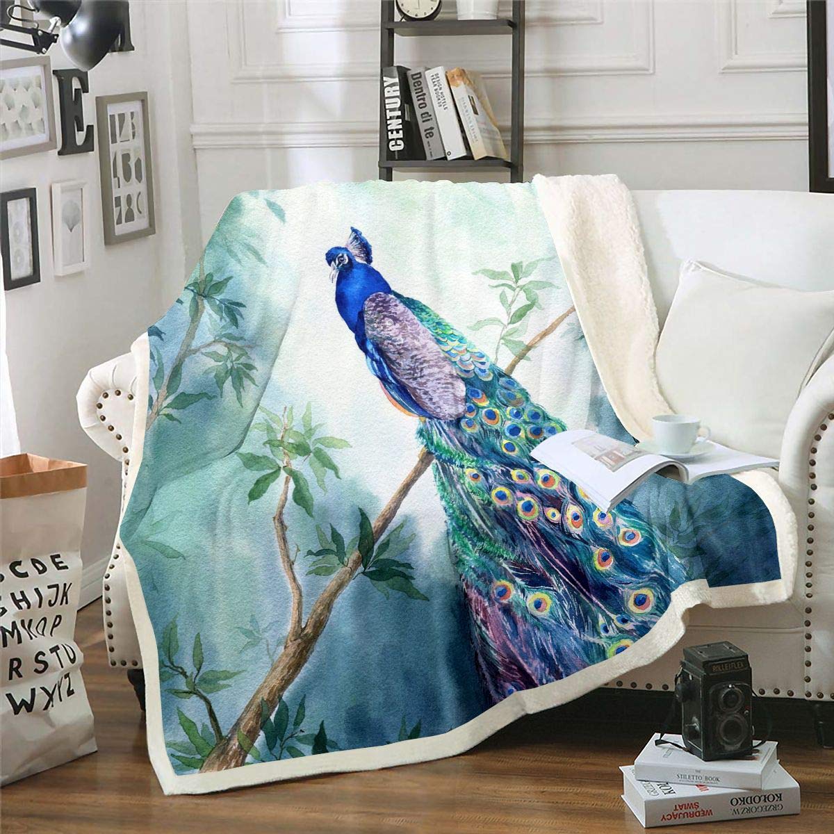 Loussiesd Peacock Fleece Throw Blanket Peacock Colorful Feather Watercolor Sherpa Blanket Girls Boys Teens Tree Botanical Plush Blanket Animal Branches Design Fuzzy Blanket for Sofa Bed 60x79Inch
