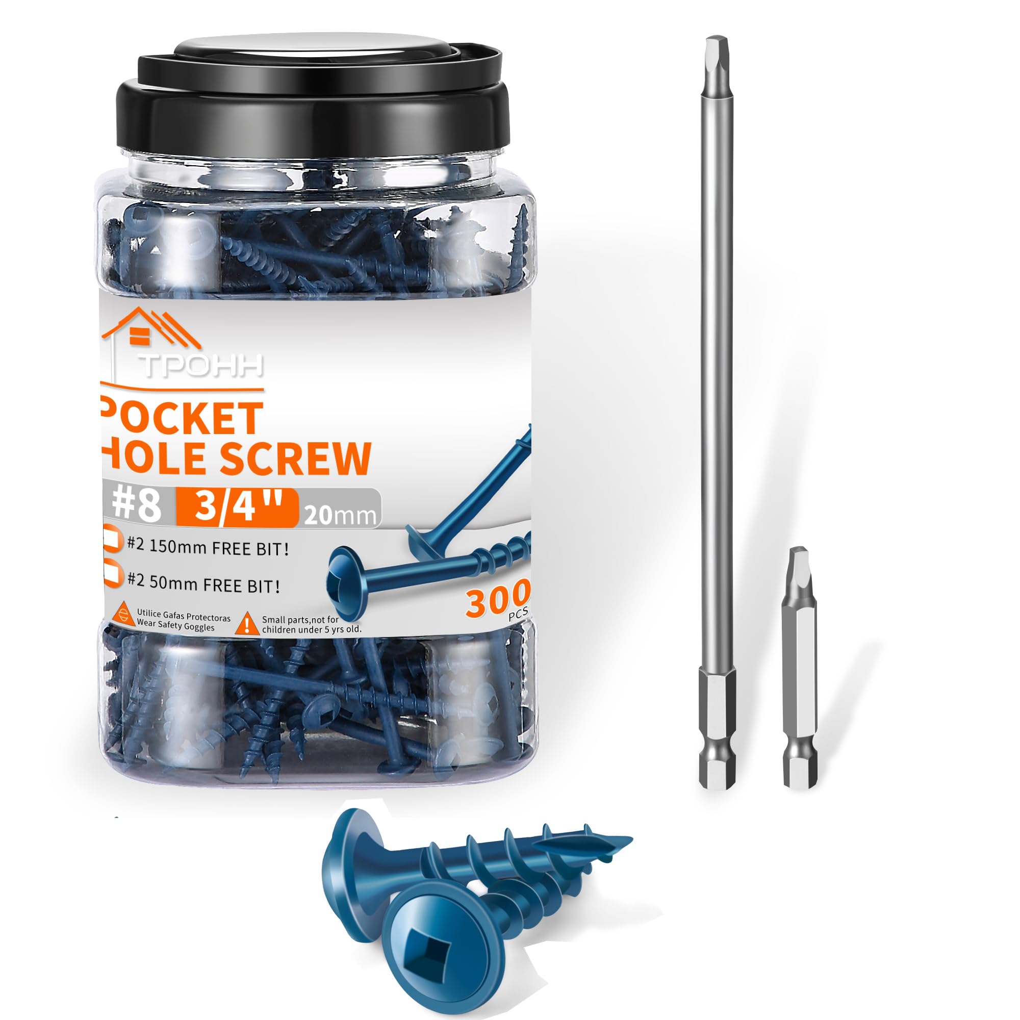 20mm Length Blue Coated, Hardened Steel Pocket Hole Screws, No.8 x 20mm Square Drive Washer Head Wood Screw, 50mm and 150mm Bit Included, Self Tapping, Pack of 300 for DIY Projects by TPOHH