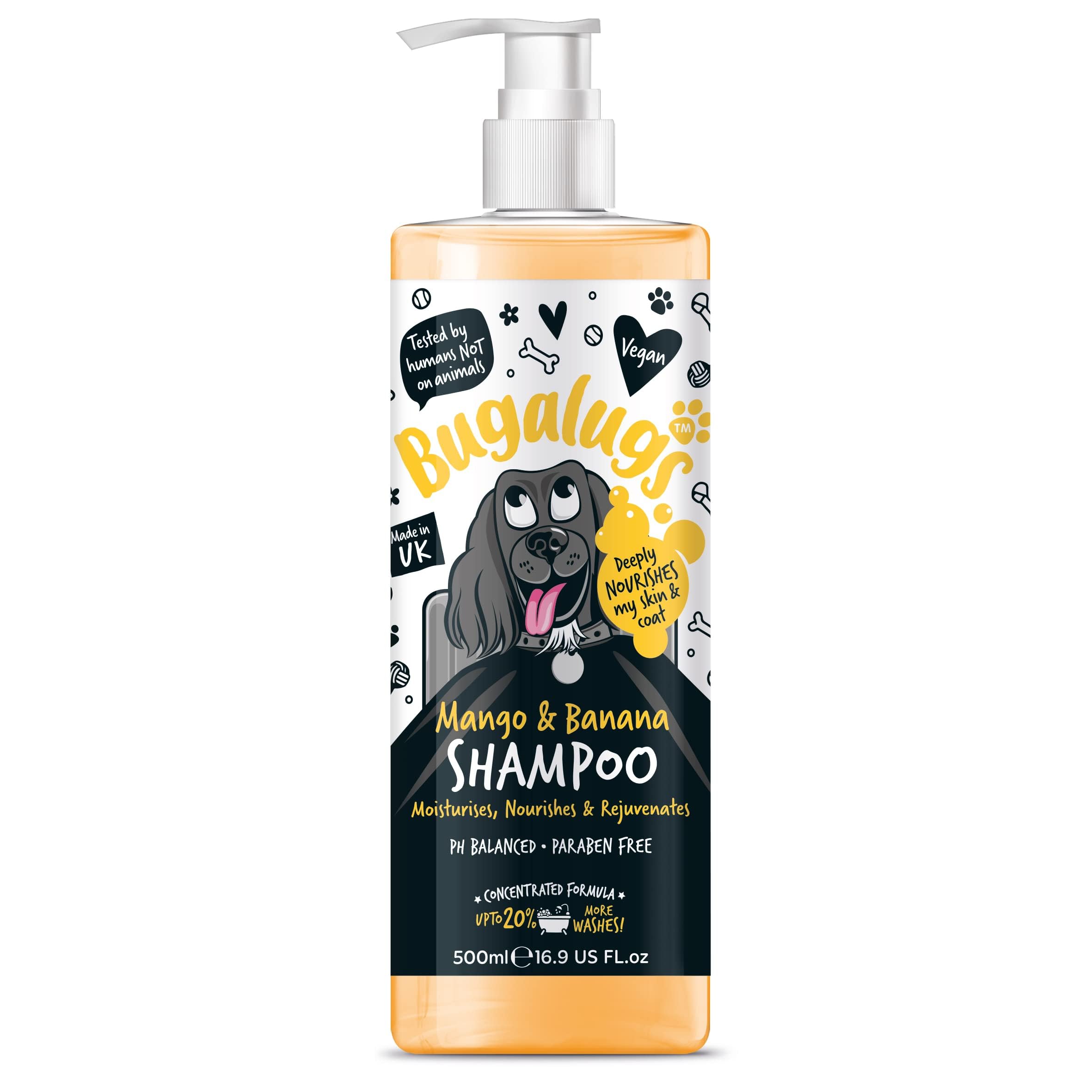 BUGALUGS Dog Shampoo Tropical Mango & Banana grooming products for smelly dogs with fragrance, best puppy shampoo, professional groom Vegan pet shampoo & conditioner (500ml)