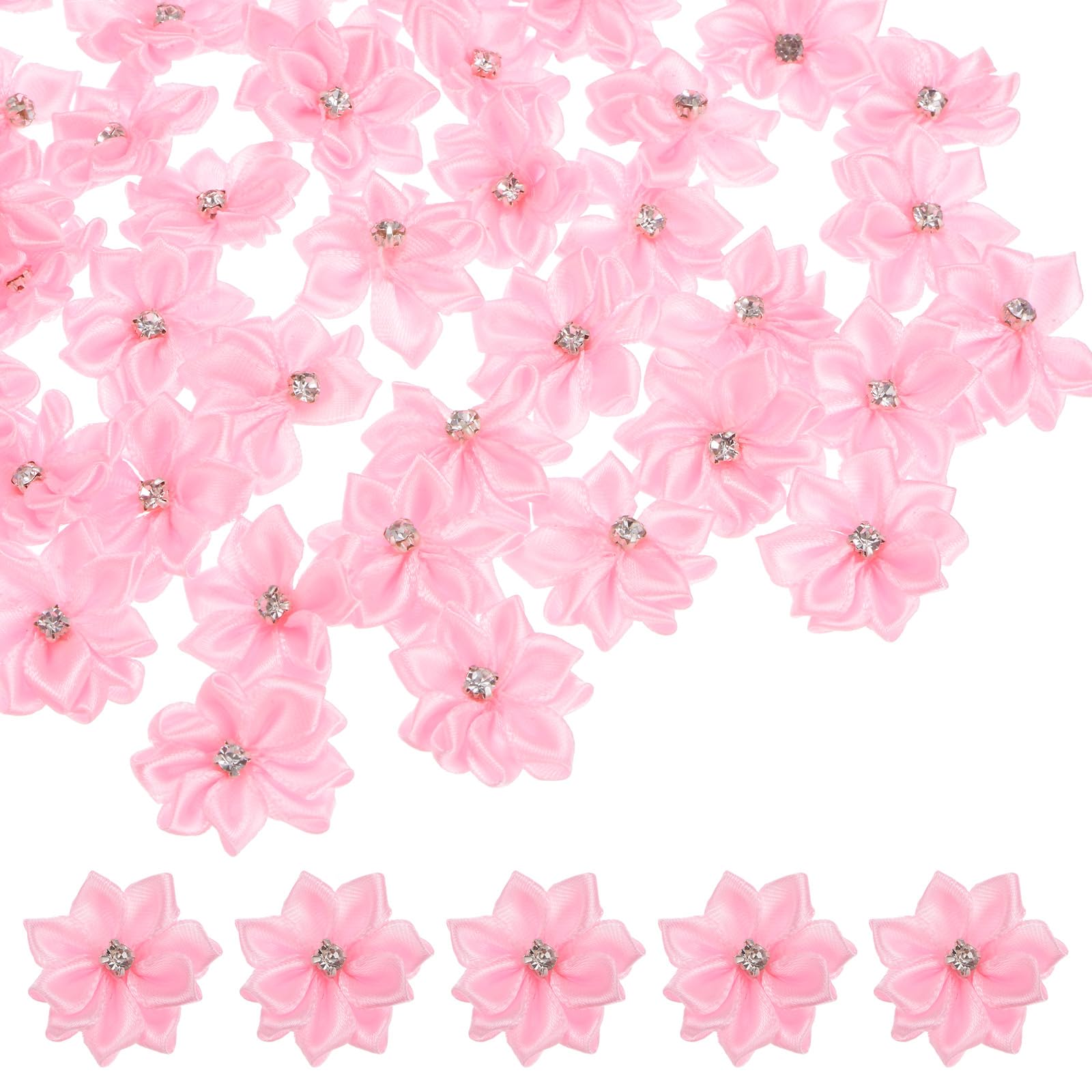 M METERXITY 150-pack Satin Ribbon Flowers, 1.2 Inch Mini Fabric Flowers with Rhinestones Flower Ribbon Appliques for Crafts DIY/Wedding/Ornament/Party/Home [Pink]