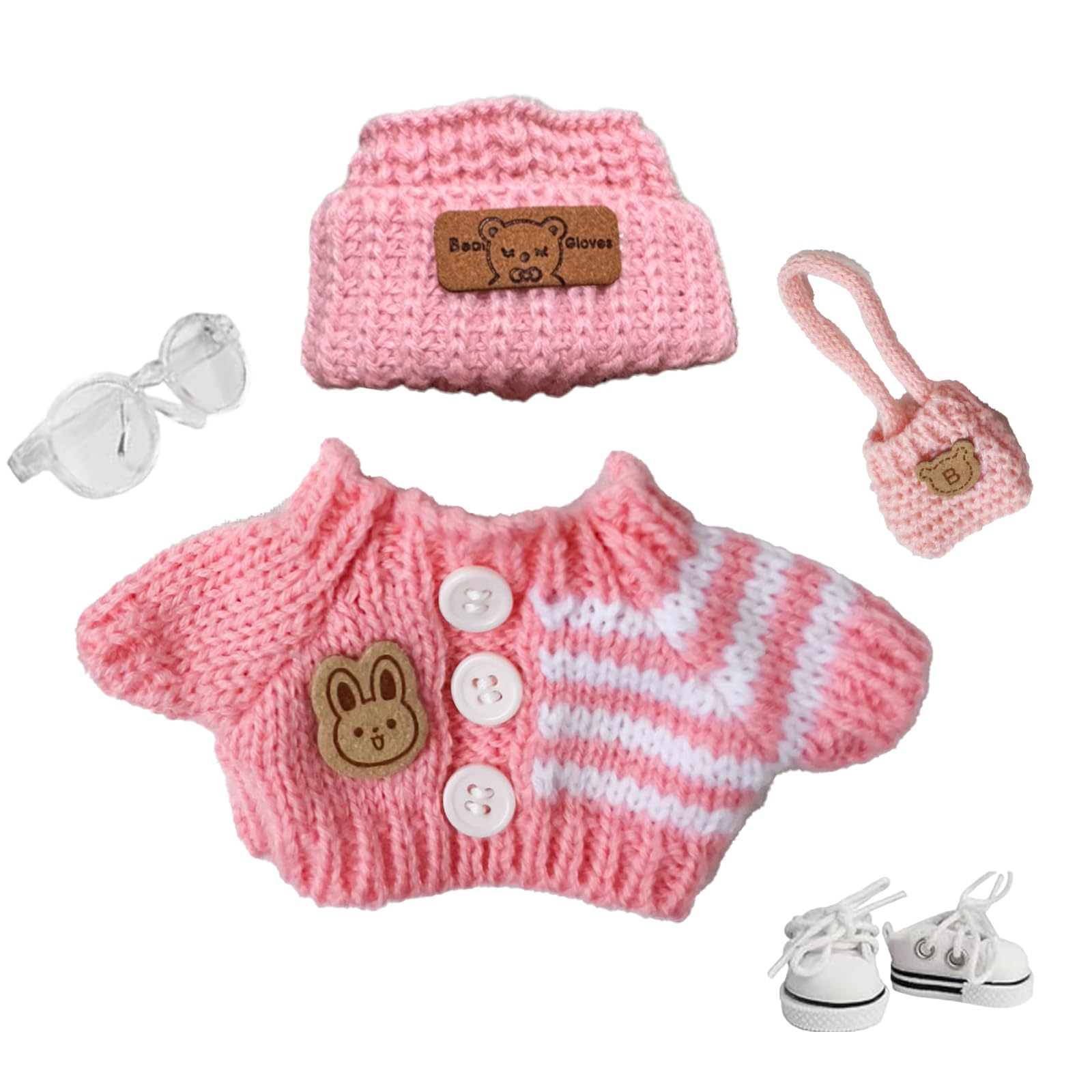 fKiZanthene Doll Accessories Set, 5 Pieces with Knitted Sweater Hat Bag Glasses Shoes, Baby Dolls Clothes for Doll Enthusiasts Birthdays