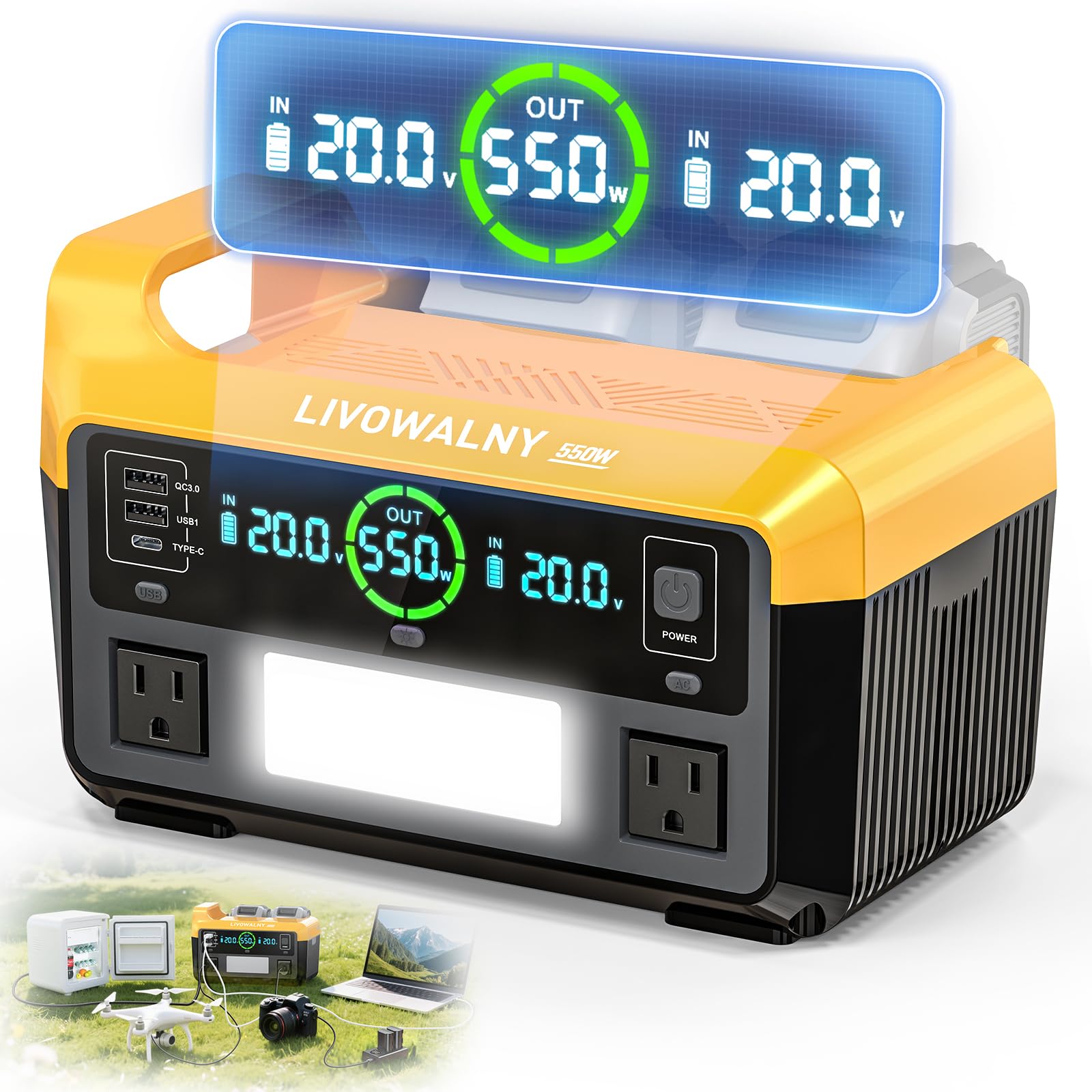 Photo 1 of 550W Power Station Compatible with Dewalt: LIVOWALNY Portable Generator DC 20V to AC 110-120V, Pure Sine Wave Power Inverter Battery Adapter Phone Charger 2 USB-A & 1 Type-C & 2 AC Outlet (Tool Only)