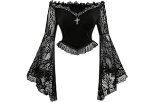 BEAUDRM Women's Gothic Off Shoulder Tops Lace Long Bell Sleeve Cross Metal Asymmetrical Blouse Goth Crop Tee Top