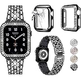 3-Pack Compatible For Apple Watch Band 38mm 40mm 41mm 42mm 44mm 45mm 46mm 49mm, Bling Jewelry Metal Bands with Diamond Case + Screen Protective Cover For iWatch Series 11/10/9/8/7/6/5/4/3/2/1/SE (Black, 40mm)