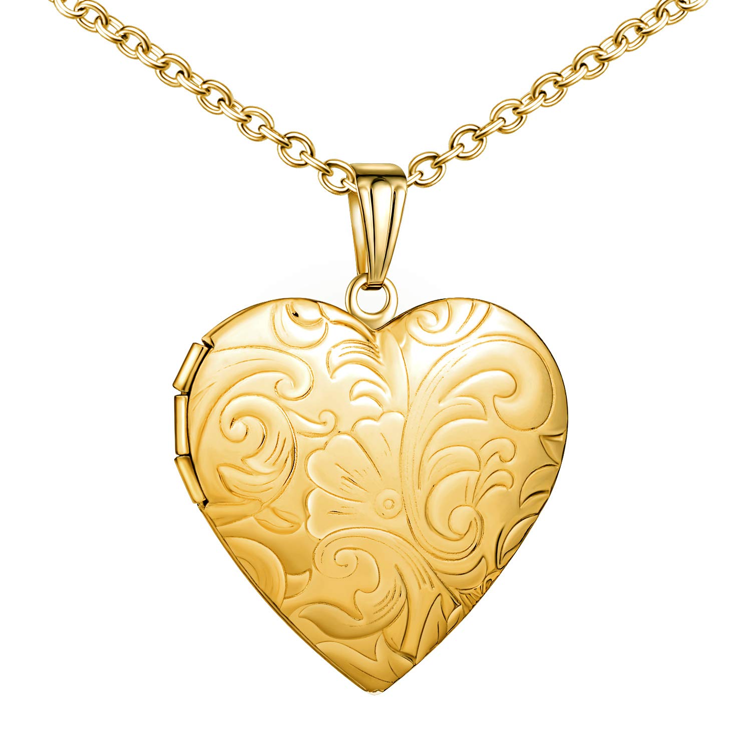 Vintage Heart Flower Photo Picture Locket Pendant 20 inch Chain Necklace for Women with Box Greeting Card