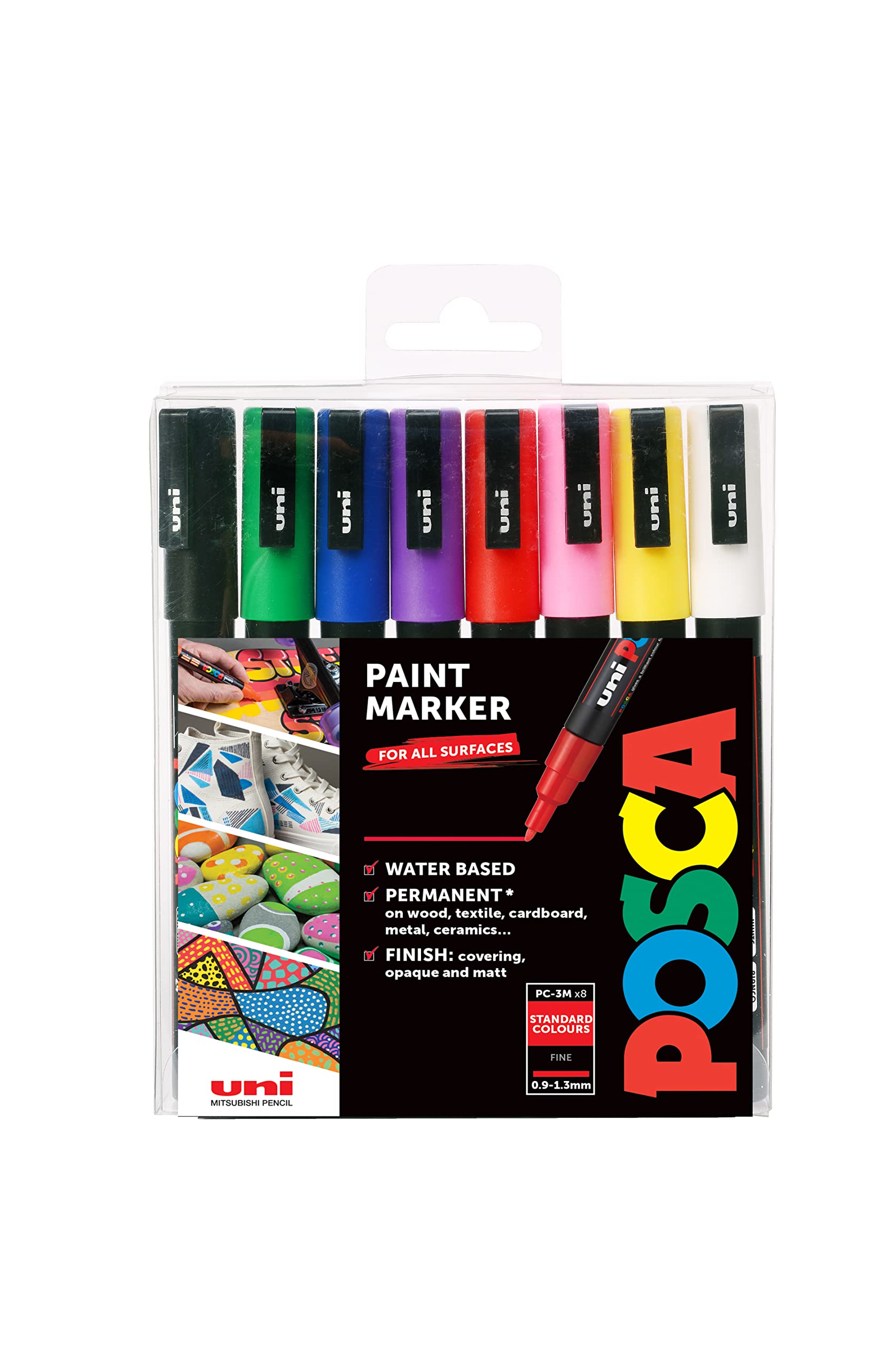 Posca Pens PC-3M Fine Acrylic Coloured Permanent Paint Markers for Adults. Perfect for Colouring, Fabric, Graffiti, Watercolour, Outline Drawing, Window and Glass Art. 8 Pack