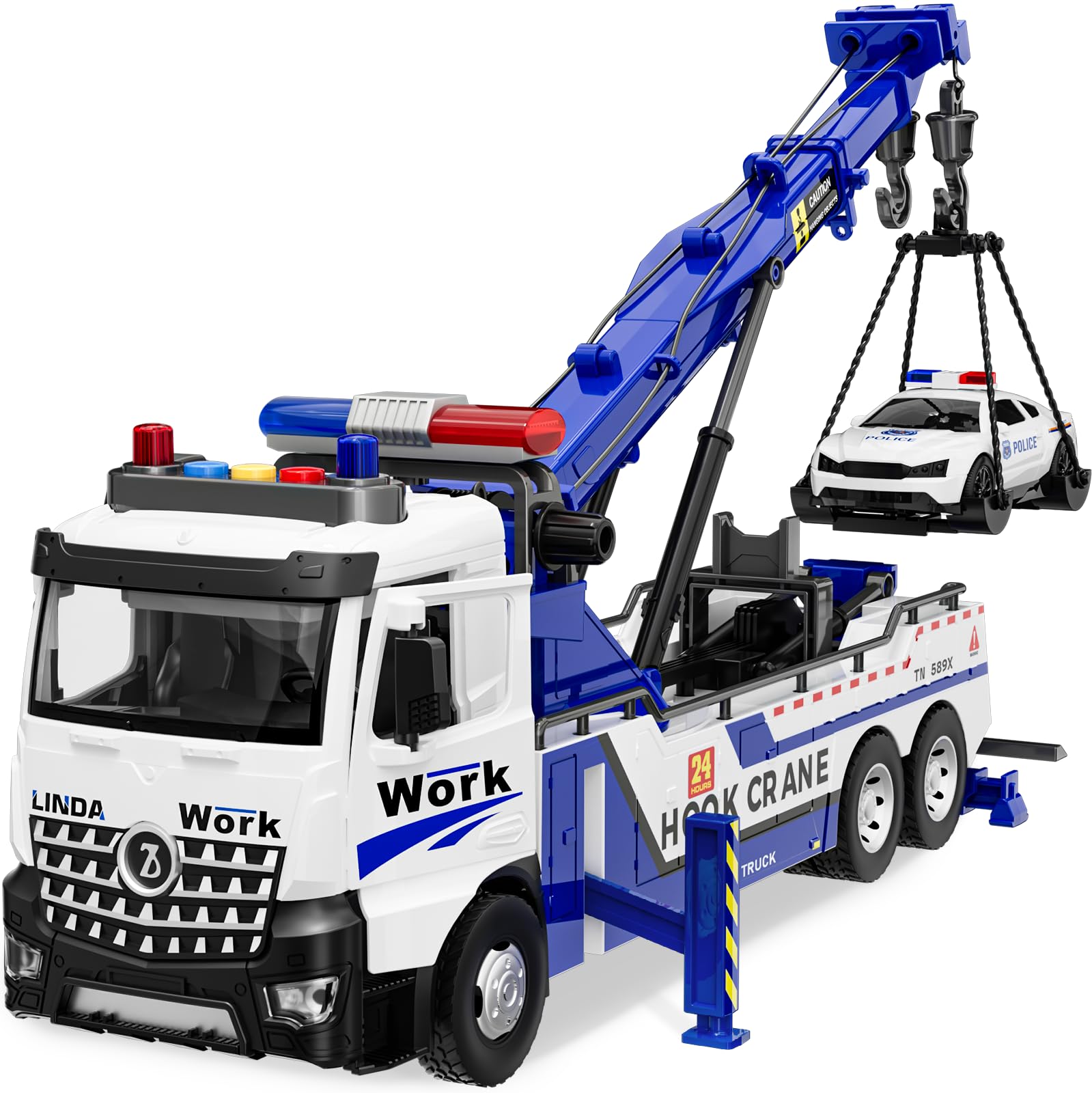 Photo 1 of *DAMAGED** Crane Tow Truck Toy for Car Truck Rescue Police Pickup Road Clearance Vehicle Construction Vehicles Lights Sounds Christmas Birthday Easter Gift for Kids Boys 3 4 5 6 7 8 Years Old Double Hook