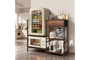 FRUUI Mini Fridge Stand with Storage, Mini Fridge Microwave Stand with Power Outlet, Coffee Bar Cabinet with Storage, Bakers Rack, Microwave Oven Stand, Shelf Organizer For Dorm, Kitchen, Office, Brown