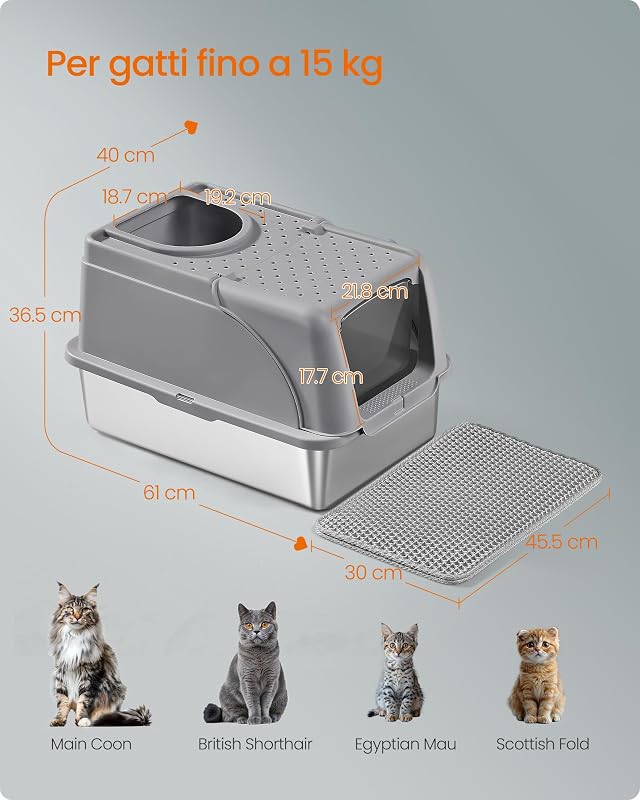 Lettiera per Gatti Chiusa in Acciaio Inox, 61 x 40 x 36,5 cm