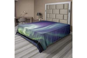 Ambesonne Aurora Borealis Flat Sheet, Exquisite Atmosphere Solar Starry Sky Calming Night Image, Soft Comfortable Top Sheet Decorative Bedding 1 Piece, California King, Blue Mint