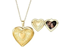 Lanadale Gold Love Heart Locket Necklace that Holds Picture for Women Vintage Stainless Steel Engraved Photo Locket Pendant M