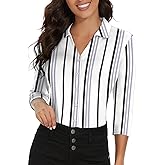 Soneven Womens 3/4 Sleeve Button Down Shirt V Neck Collared Polo Shirts Work Blouses