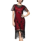 SWEETV Flapper Dresses 1920s Dresses for Women,Crew Neck Great Gatsby Dresses with Sleeve Roaring 20s Dress for Harlem Nights