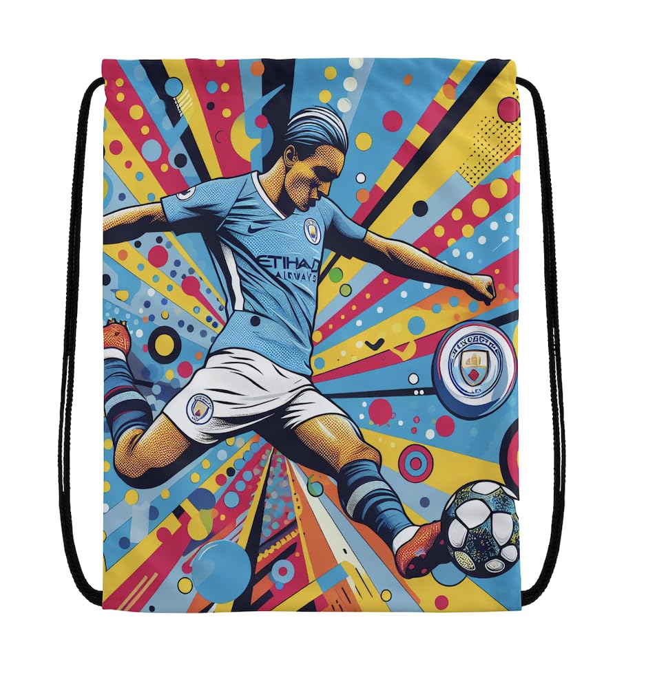 EZB Football Legend Man City Drawstring Bag | 36x30cm Midi Sized Backpack | Multi-Use: Sports Kits, PE Kits, Gym, Pump, Lunch, Holiday, Beach, Soccer Sack | Pop Art City Bag