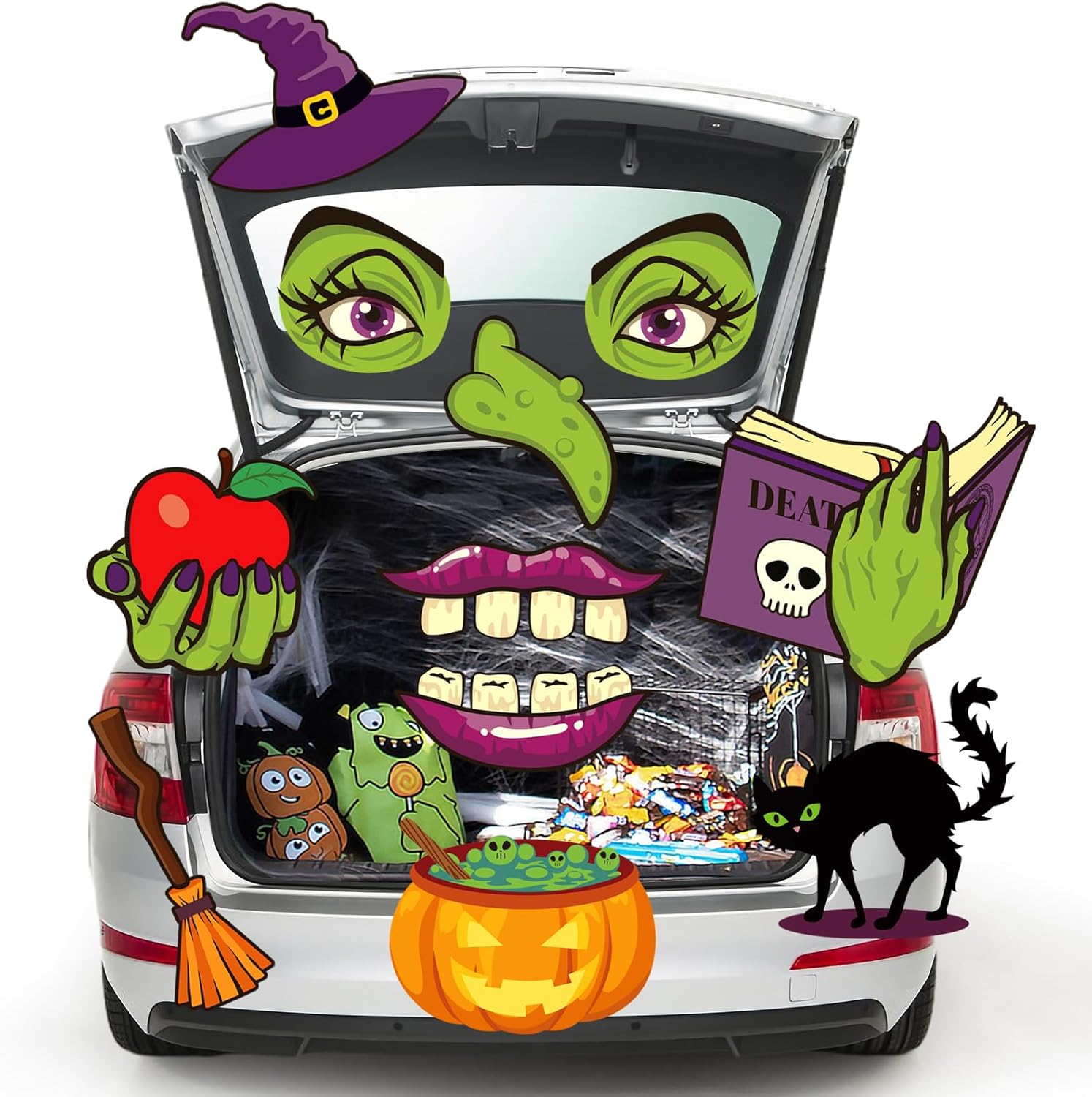 Garage Door Decorations - FEBSNOW Halloween Witch Trunk or Treat Car Decorations Large Garage Door Decoration with Big Witch Face Eyes Huge Hat Broom Magic Book Apple Pumpkin Pot Cat for Cars SUV Jeep Halloween Outdoor Decor
