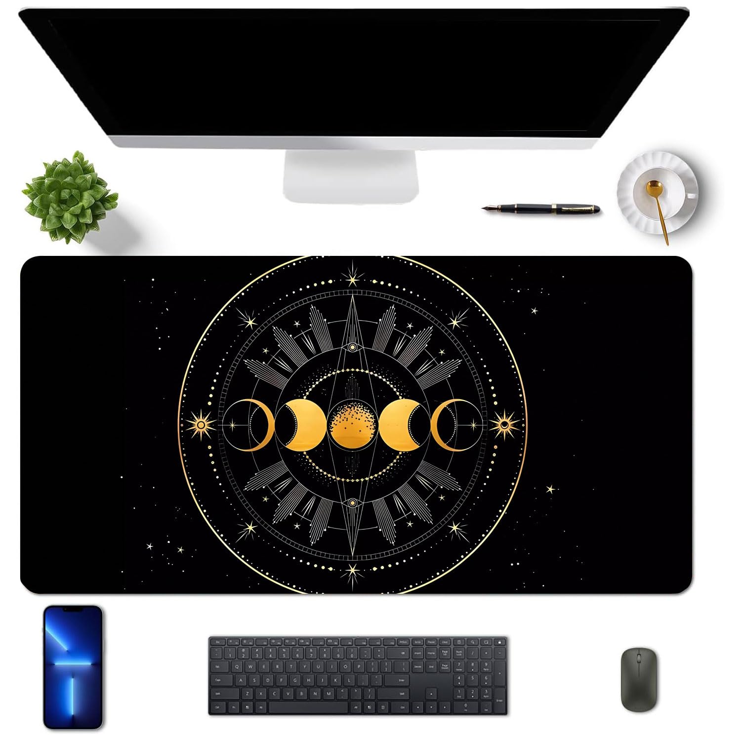 MAYCARI Personalized Sun and Moon Pattern Gaming Desk Mat, Large Pad (23.6"x11.8"), Laptop Mat, Thick for Excellent Speed and Control, Non-Slip Rubber Base (60cmx30cm)