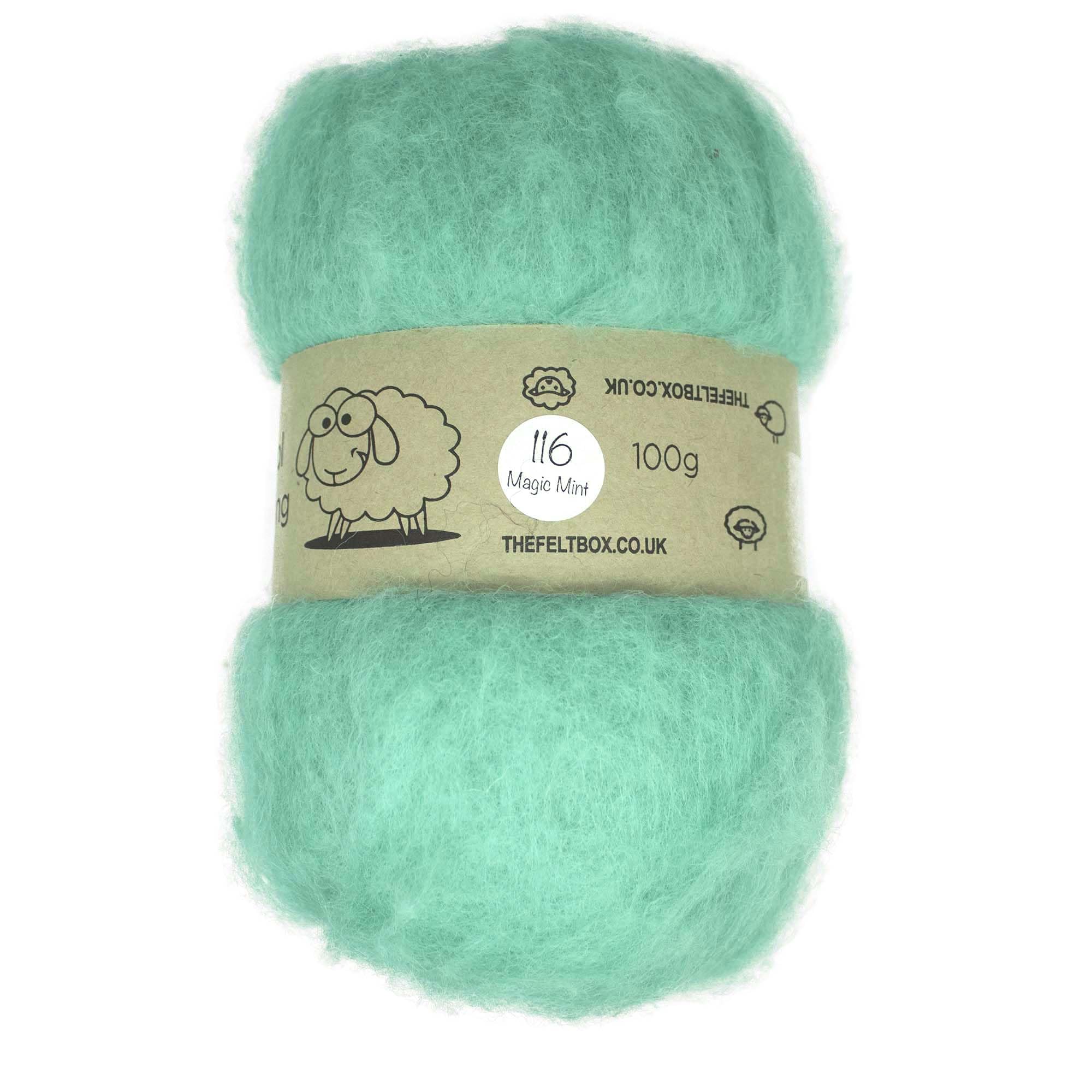 The Felt Box Needle Felting Wool Carded Batting : Short Coarser Mixed Together Fibres, Use as Core or Finish Wool 100 g | 3.5 oz- Magic Mint #116