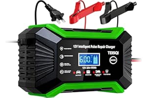 TEISQI Car Battery Charger, 12V 6A Smart Battery Trickle Charger Automotive 12V Battery Maintainer Desulfator with Temperature Compensation for Car Motorcycle Mower Marine Lead Acid Batteries (Green)