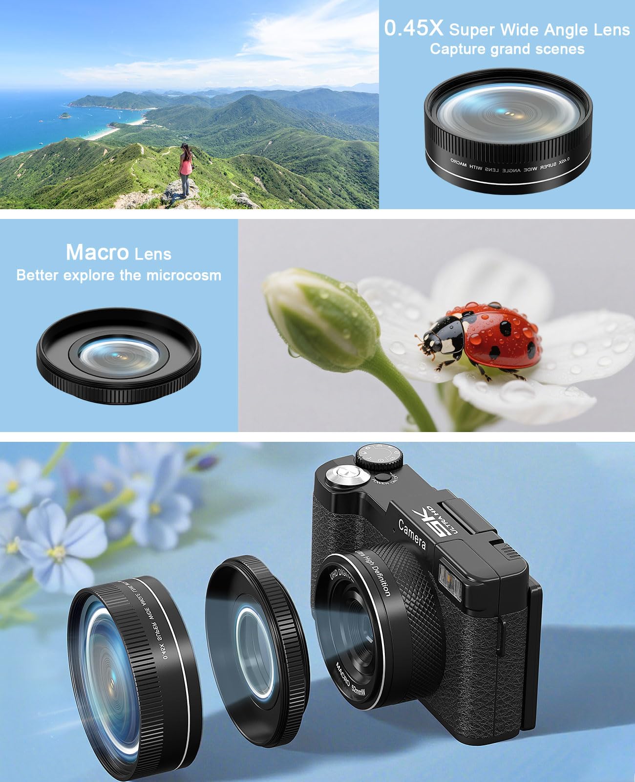 FLATIC Digital Camera with WiFi, 5K 64MP Cameras for Photography with 180° Flip Screen for YouTube, 18X Zoom Autofoucs Vlogging Camera with 64GB Card, Wide & Macro Lens, 2 Batteries, Card Reader