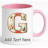 Personalized Christmas Initial Mug – Custom A-Z or 0-9 Monogram, Gingerbread Letter Design, Add Name or Date, 11oz Ceramic Cup, Dishwasher Safe Holiday Gift (Pink)