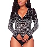 SEBOWEL Women Long Sleeves Mesh See Through Jumpsuit Bodysuit Top Leotard