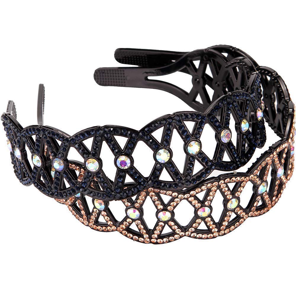 LONEEDY 2 Pack Fashion Rhinestone and Crystal Hard Headbands,1.4 inch Wide Non-slip Teeth Hairband for Women (Style1:navy blue+gold)