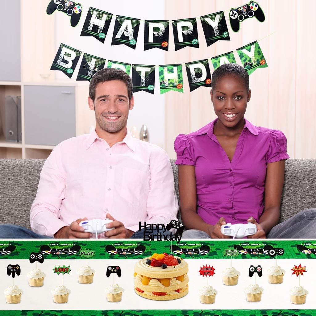 125PCS Video Game Party Supplies, Amycute Boys Video Game Themed Party Supplies Room Decor Set with Birthday Banner, Plates, Cups, Napkins, Tablecloth for Boys Kids Video Game Birthday - Serves 16: Kitchen & Dining