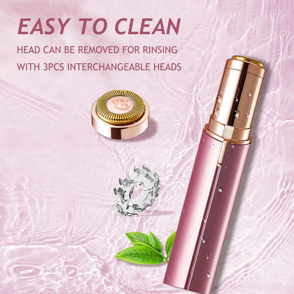 Women Facial Hair Removal Device, Electric Face Shaver, Portable Face Razor, Rechargeable Painless Hair Remover with 3 Replacement Heads for Face, Upper Lip Chin (Rose Gold)