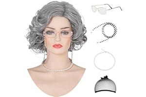 AMZCOS Short Old Lady Granny Curly Wig for Women Grandma 100th Day of School Cosplay, Costume, Halloween Party (Gray)