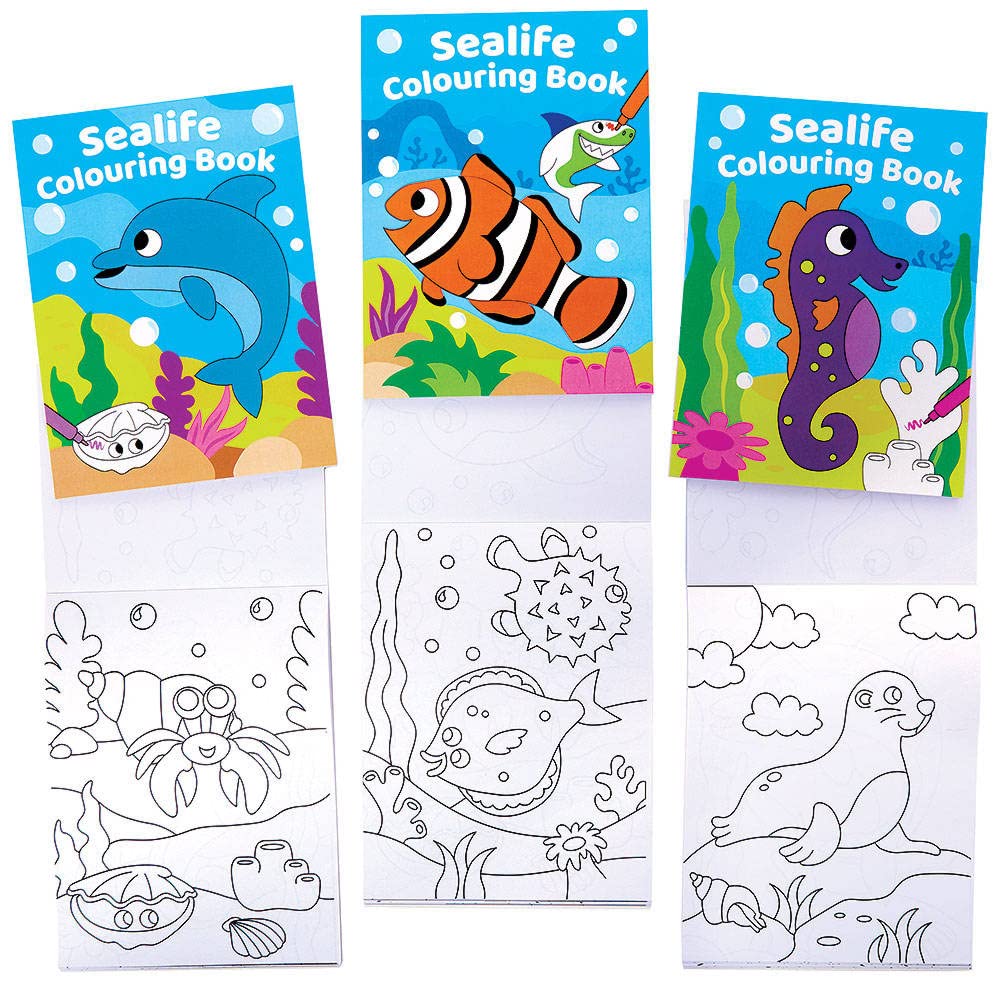 Baker Ross FC993 Sealife Mini Colouring Books for Kids - Pack of 12, Entertaining Travel Activities and Party Favours, Sealife