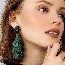 Me&Hz Deep Green Layered Tassel Drop Earrings for