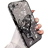 Changjia for iPhone 16e Glitter 3D Butterfly Case,Cute Luxury Bling Sparkly Diamond Rhinestones Liquid Flowing Case with Camera Lens Protector TPU Bumper Women Girls for iPhone 16e 6.1 Inch 2025,Black