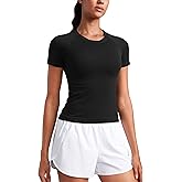 CRZ YOGA Seamless Workout Tops for Women Waist Length - Running Gym Athletic Yoga Short Sleeve Shirts Breathable Crewneck