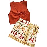 MakeMeChic Women's 2 Piece Summer Set Beach Vacation Outfits Tie Front Tops and Wrap Skirt Set