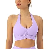 PAVOI ACTIVE Ruching Workout Halter Bra for Women - Low Support V Neck Yoga Backless Sports Bra Padded Halter Top - FlexFlow