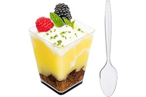 DLux 50 x 5 oz Mini Dessert Cups with Spoons, Square Large - Clear Plastic Parfait Appetizer Cup - Small Reusable Serving Bow