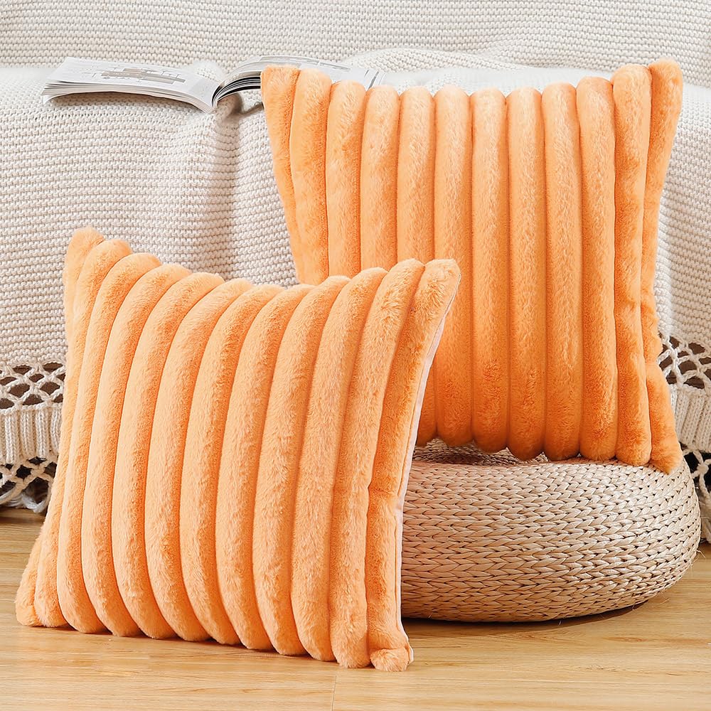 Madizz Set of 2 Faux Fur Decorative Cushion Covers 18x18 inch, 45x45 cm, Orange Soft Couch Throw Pillows for Bed Modern Pillowcases for Sofa Livingroom Home Decor — image 1