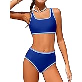 NECIOUS Teen Girls Swimsuits Two Piece Sporty Bikini Sets Color Contrast Trim Adjustable Straps Swimsuit with Chest Pad