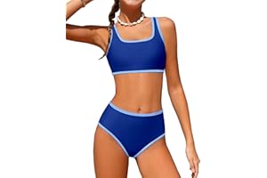 NECIOUS Teen Girls Swimsuits Two Piece Sporty Bikini Sets Color Contrast Trim Adjustable Straps Swimsuit with Chest Pad