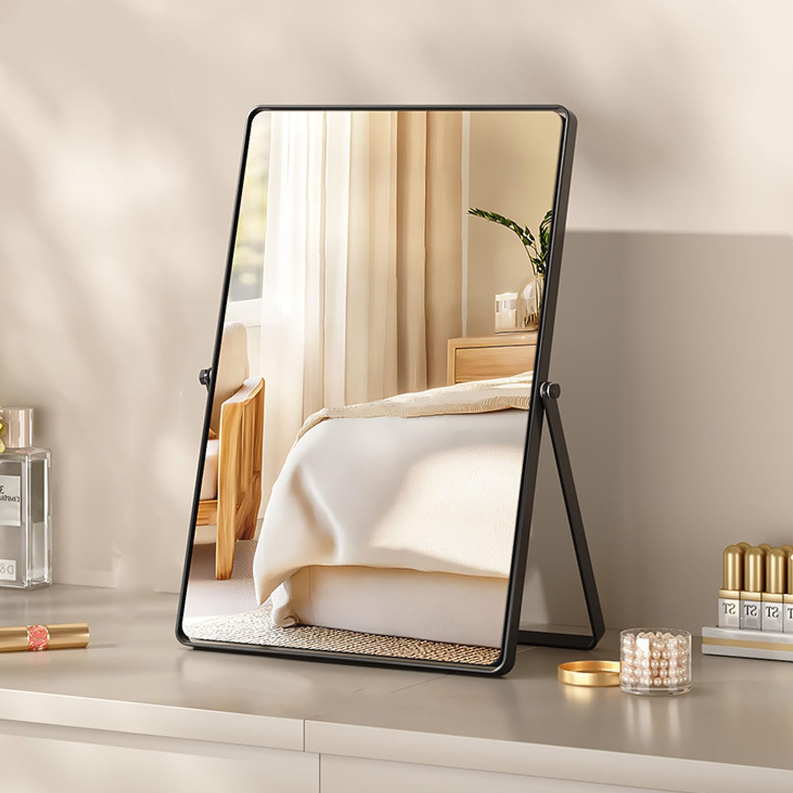 Hosoncovy Free Standing Desktop Mirror with Stand,Large Dressing Table Makeup Vanity Mirror with Rectangular Metal Frame for Home Bathroom Bedroom Living Room Office Tabletop or Wall Hanging (Black)