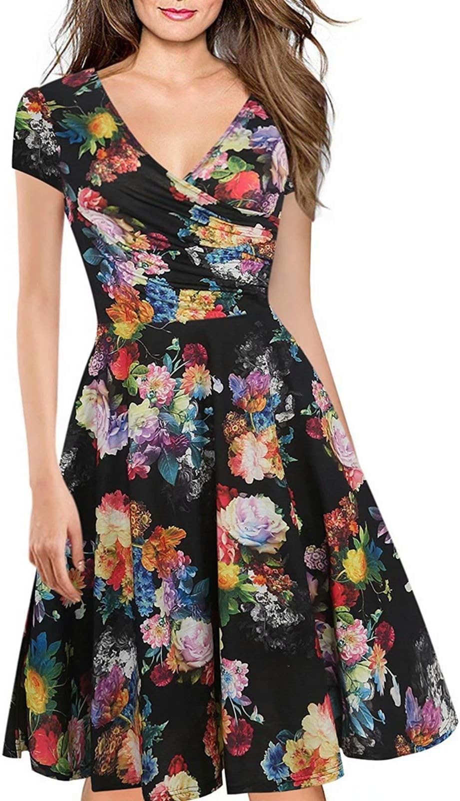 LINCMANWomen's Criss-Cross Necklines V-Neck Cap Sleeve Floral Casual Work Stretch Swing Summer Dress Party Dress