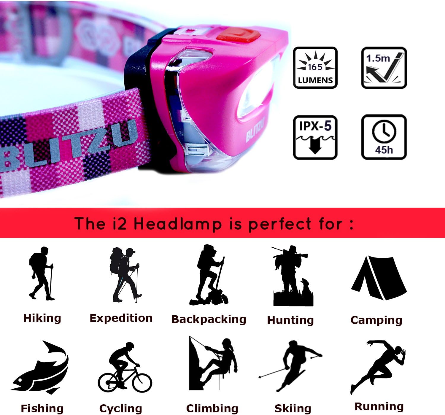BLITZU LED Headlamp Flashlight for Adults and Kids - Waterproof Super Bright Cree Head Lamp with Red Light, Comfortable Headband Perfect for Running, Camping, Hiking, Fishing, Hunting, Jogging PINK: Sports & Outdoors