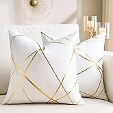 White Velvet Decorative Pillow Covers 18x18 Gold Foil Geometric Pattern Throw Pillow Cases Set of 2 Modern Luxury Bronzing Printed Cushion Cases for Sofa Couch Living Room Bedroom Home Decor