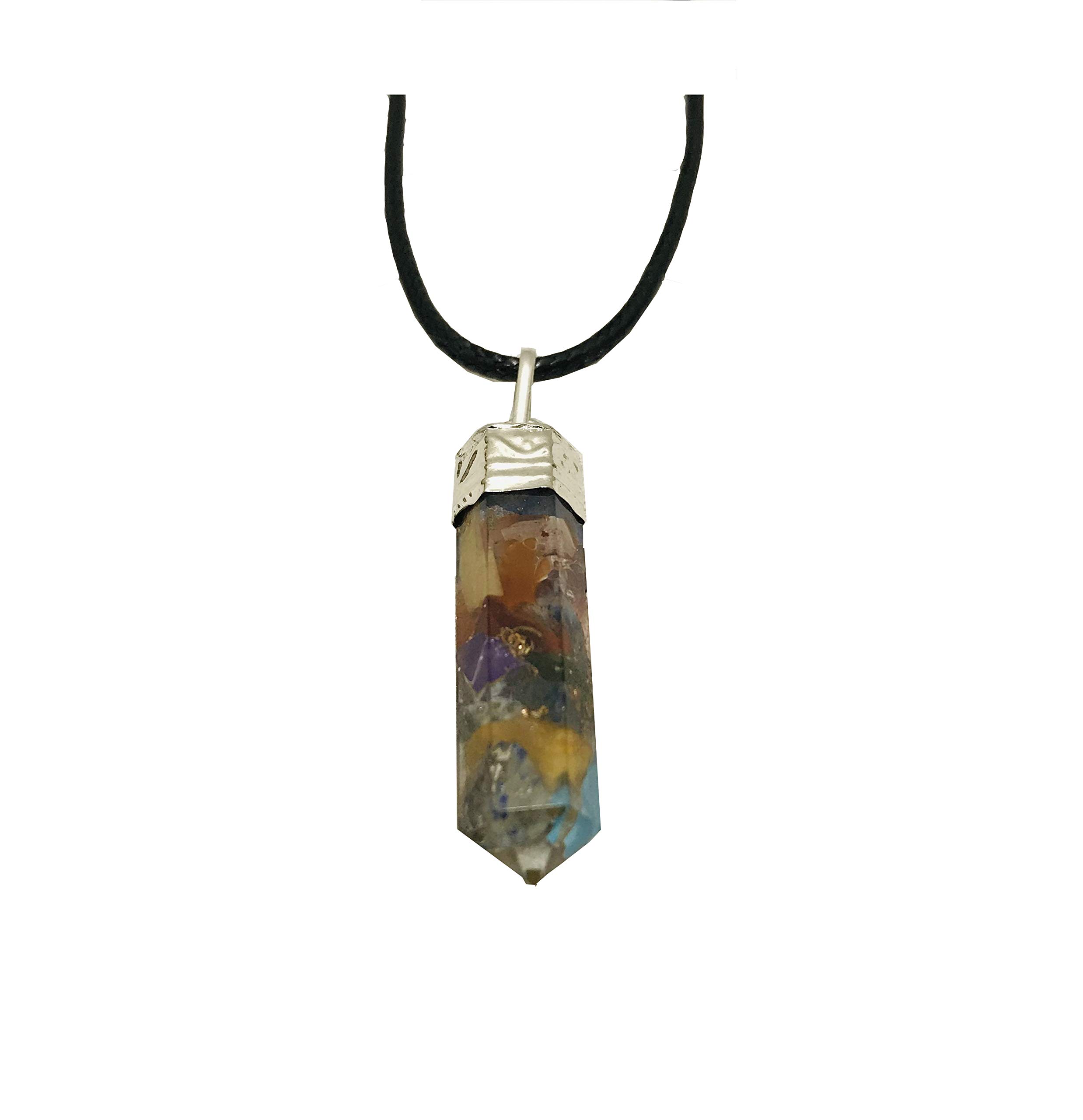 Gavya International 7 Multi Crystal Pencil Point raw Pendant Gemstone Pendant with Wax Cord Rope Chain for Necklace Energy Generator Crystal Seven Chakra Stone are Used Meditation & Yoga