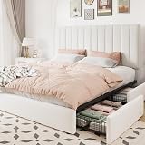 Allewie King Size Storage Bed Frame, Vertical Channel Tufted Adjustable Headboard, Velvet Upholstered Platform Bed with 4 Oversized Underbed Drawers, Wooden Slats Support, No Box Spring Needed, White
