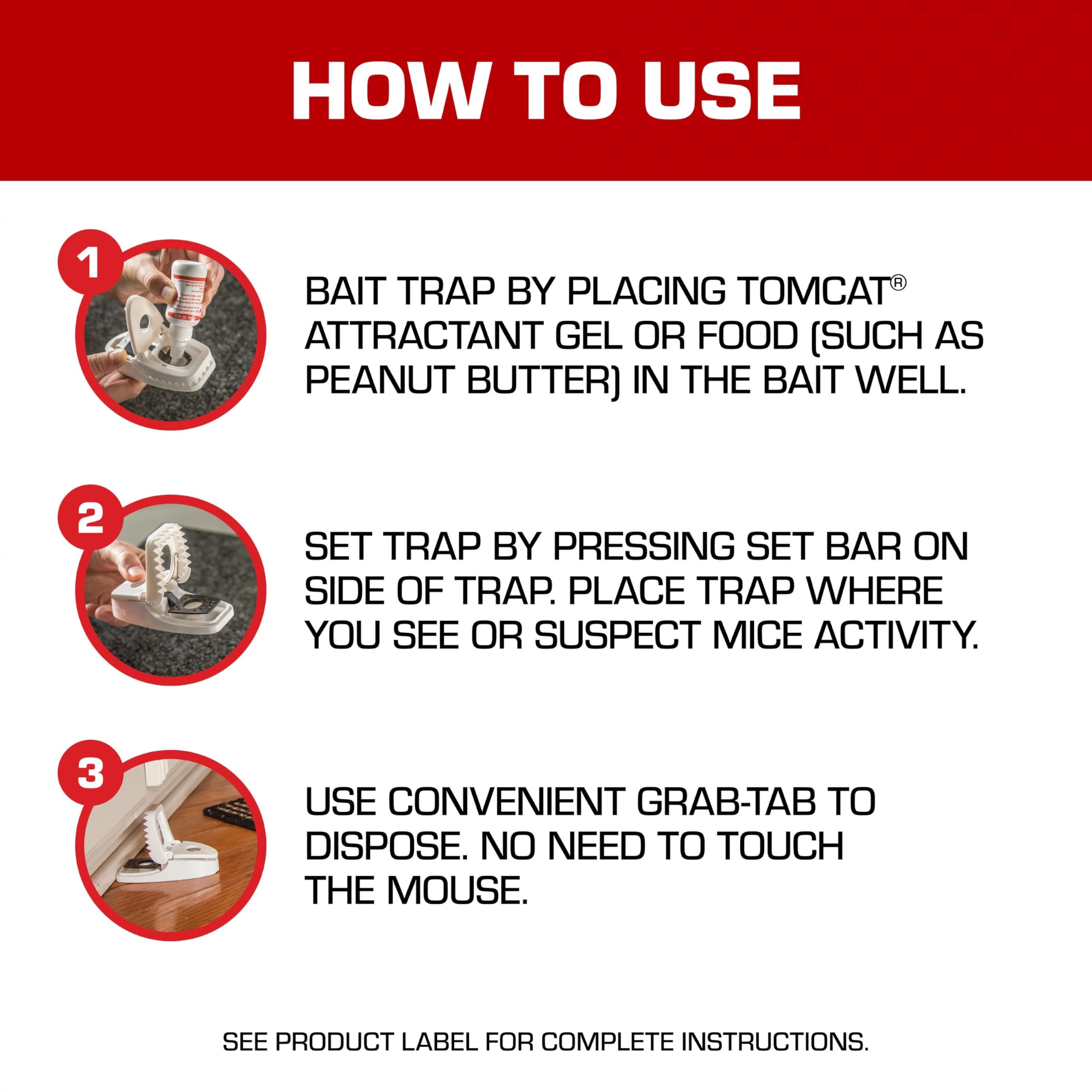 Tomcat Press 'N Set Mouse Trap for Indoor or Outdoor Use, Plastic Spring-Loaded Mouse Killer with Grab Tab, 2 Traps