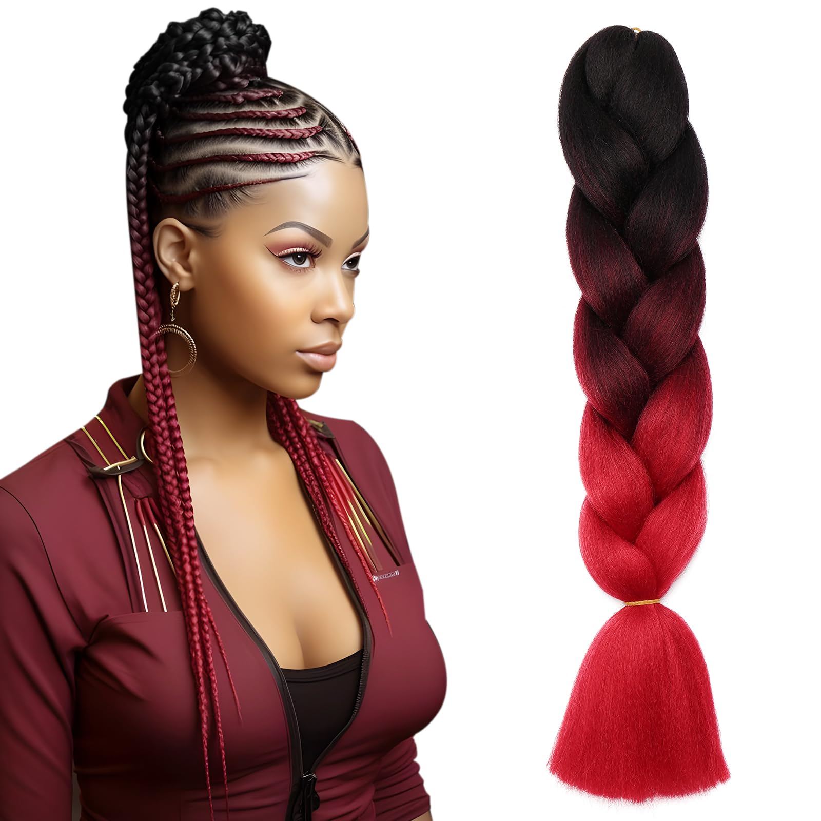 Ombre 4 Tones Braiding Hair Extensions Jumbo Braids Hair Extension Jumbo Braiding for Twist Braiding 24",1 Bundles - Black to Wine Red to Red